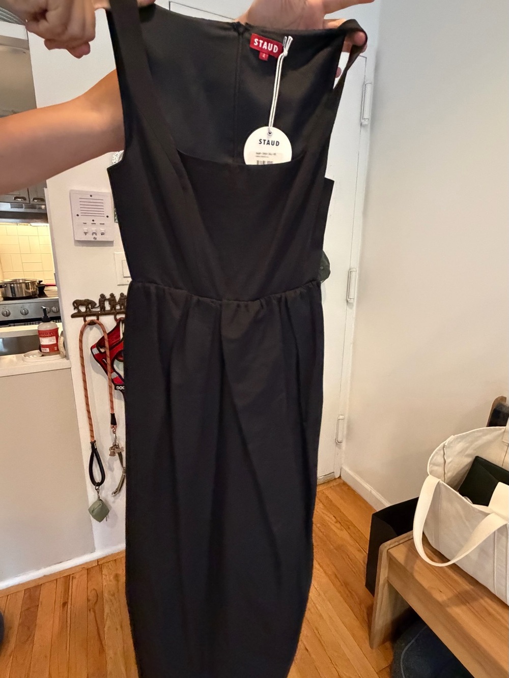 STAUD Black Sleeveless Square-Neck Midi Dress